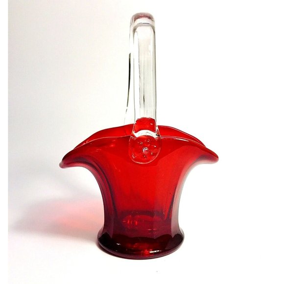 Mosser Ruby Red Art Glass Basket Clear Handle USA Flower Daisy - Picture 1 of 8
